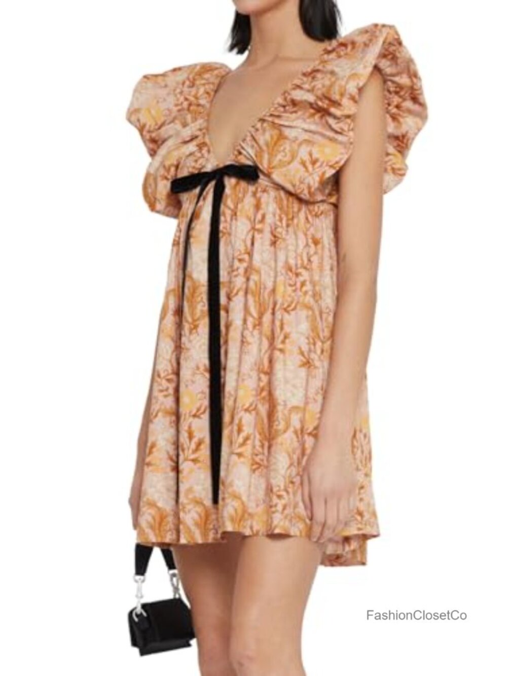 Floral Print V Neck Puff Sleeve Mini Babydoll Dress - Picture 2 of 6